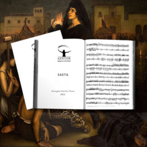 "The Saeta" drawing by Julio Romero de Torres and "Saeta" sheet music by Georgina Sanchez Torres